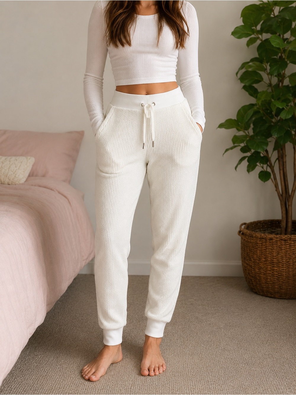 Cozy Ribbed Drawstring Joggers - White - Size M